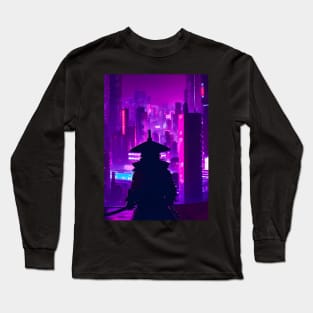 Japanese Samurai Cyberpunk Futuristic Neon City Long Sleeve T-Shirt